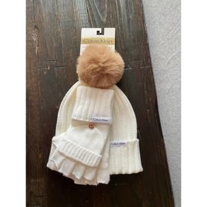 Calvin‎ Klein Faux Fur Pom Pom Hat & Flip-Top Gloves